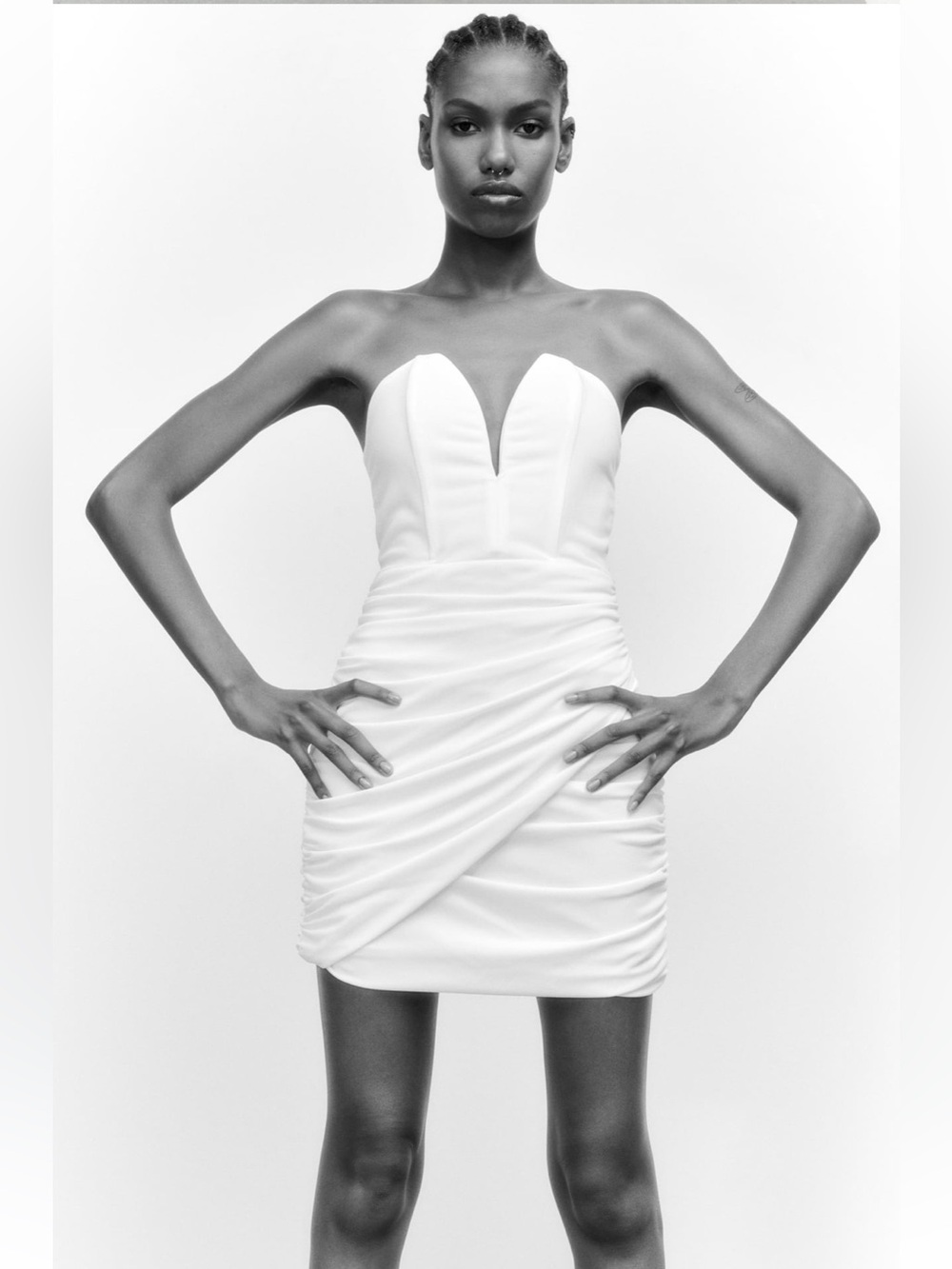 Strapless White Ruched Mini Dress - Picture 3 of 5